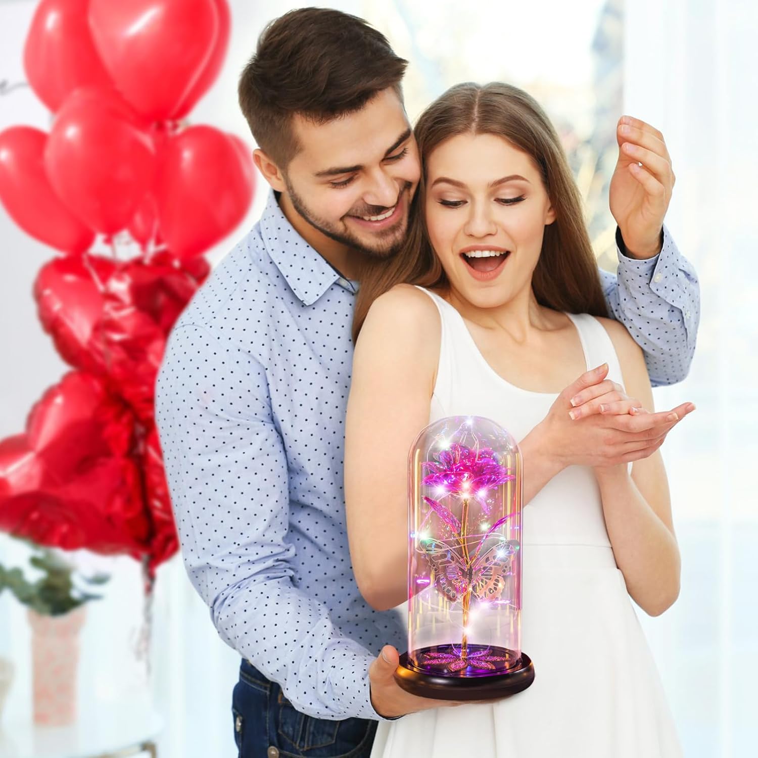 Crystal Light Up Rose in Glass Dome with Butterfly